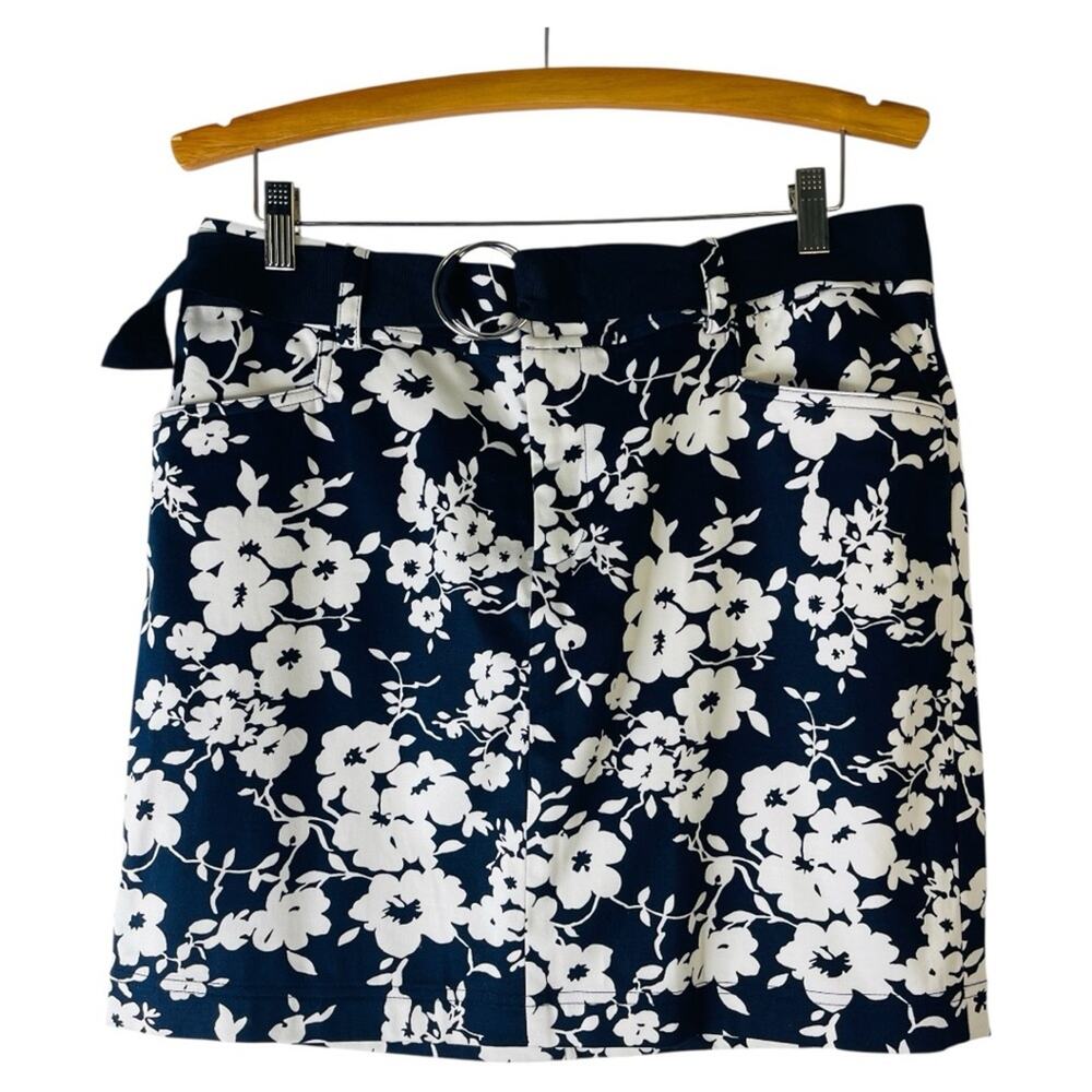 Chaps blue white floral coastal beach tropical belted skirt 12P